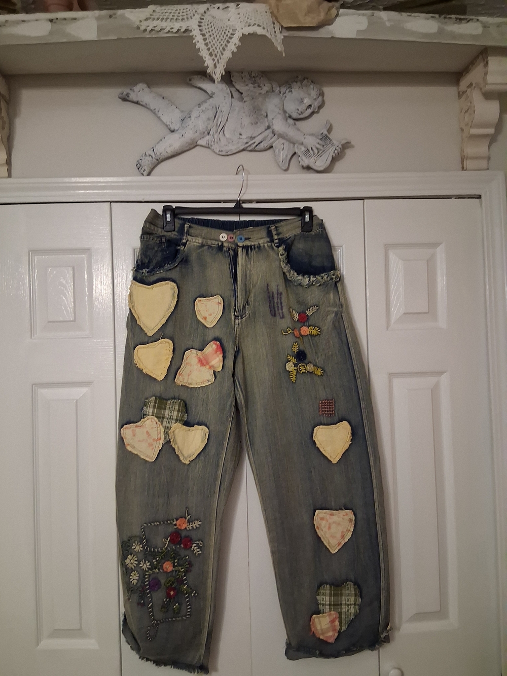 Distressed Boyfriend Jeans with Yellow Heart Patches